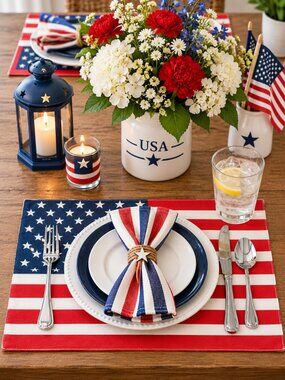 100% Cotton Red White and Blue American Flag Patriotic Placemats memorial -4 pcs
